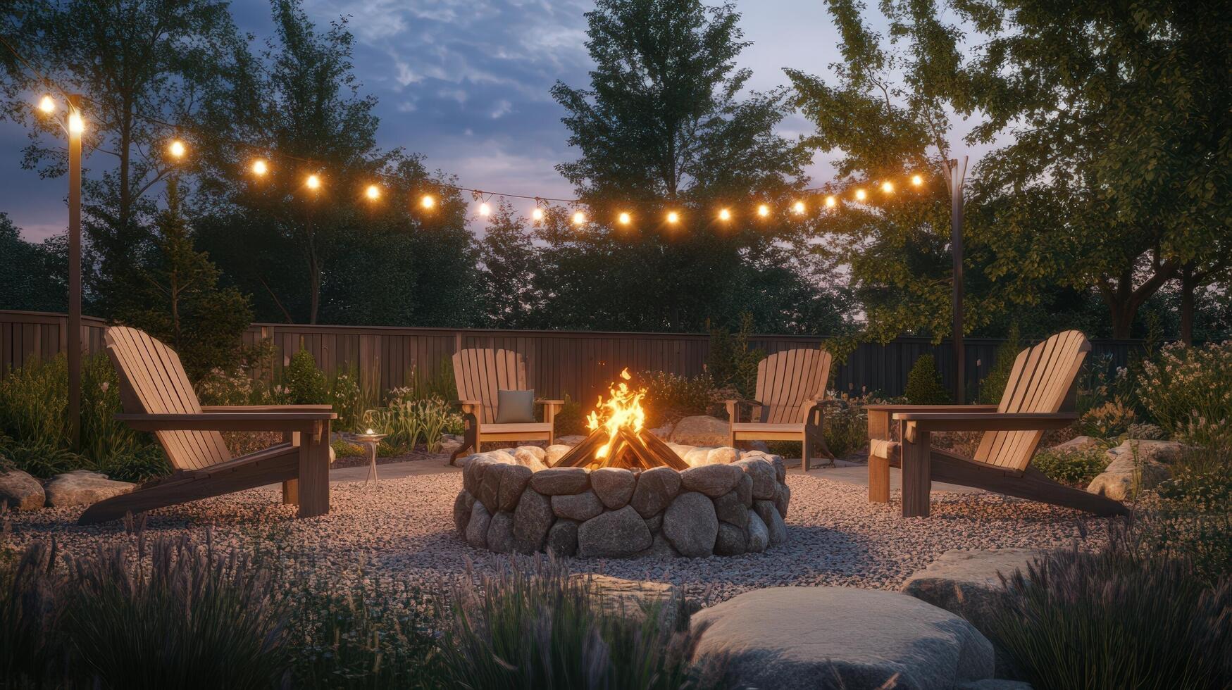 Serene Backyard Fire Pit With Comfortable Adirondack Chairs photo