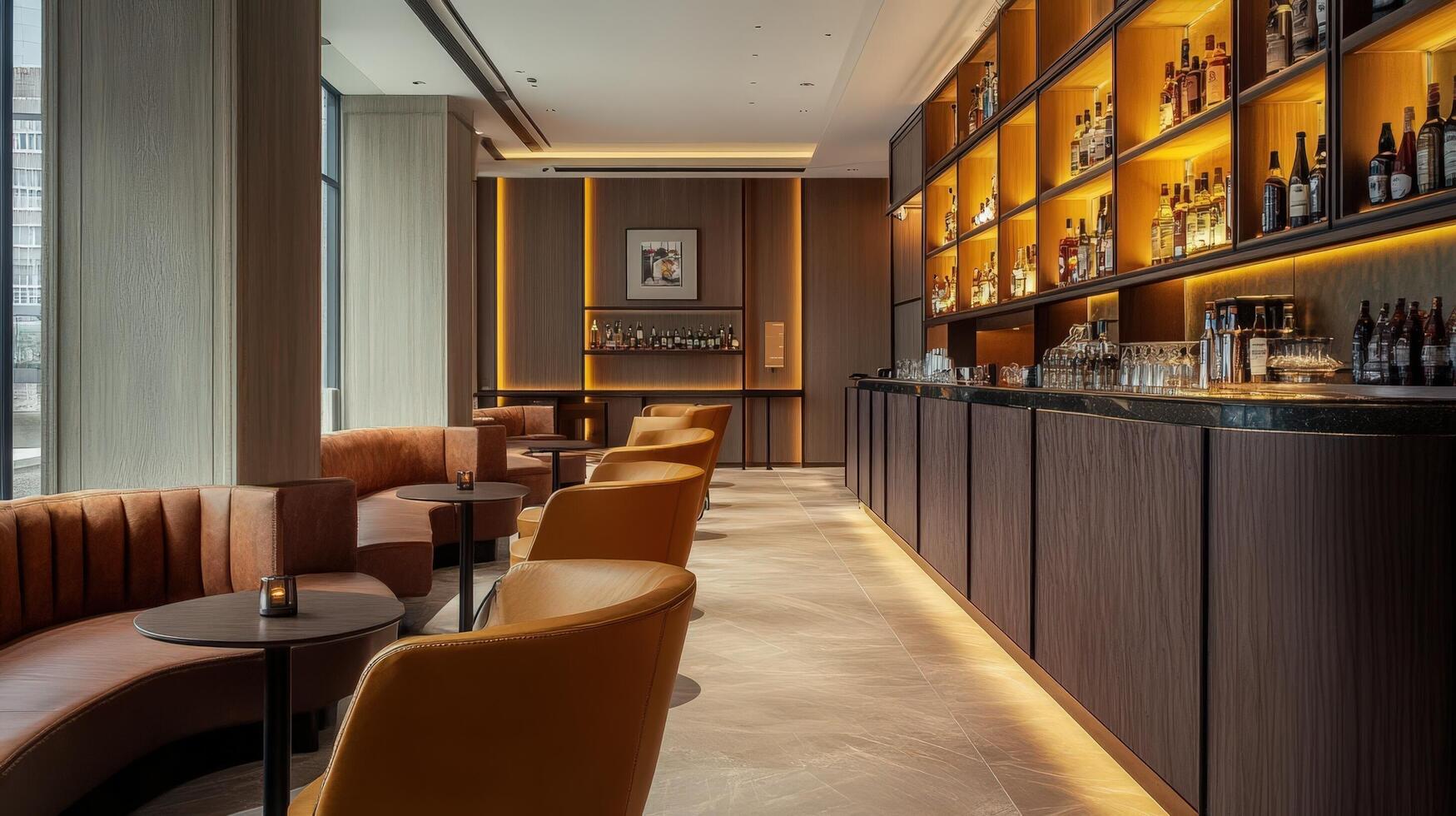 Modern Hotel Lounge Bar with Leather Seating and Well Stocked Shelves photo
