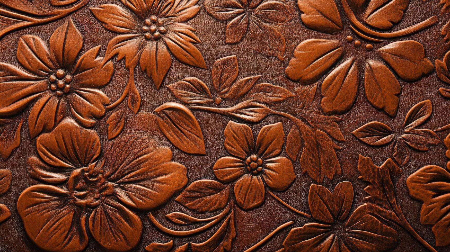Embossed Floral Design on Brown Leather Texture photo