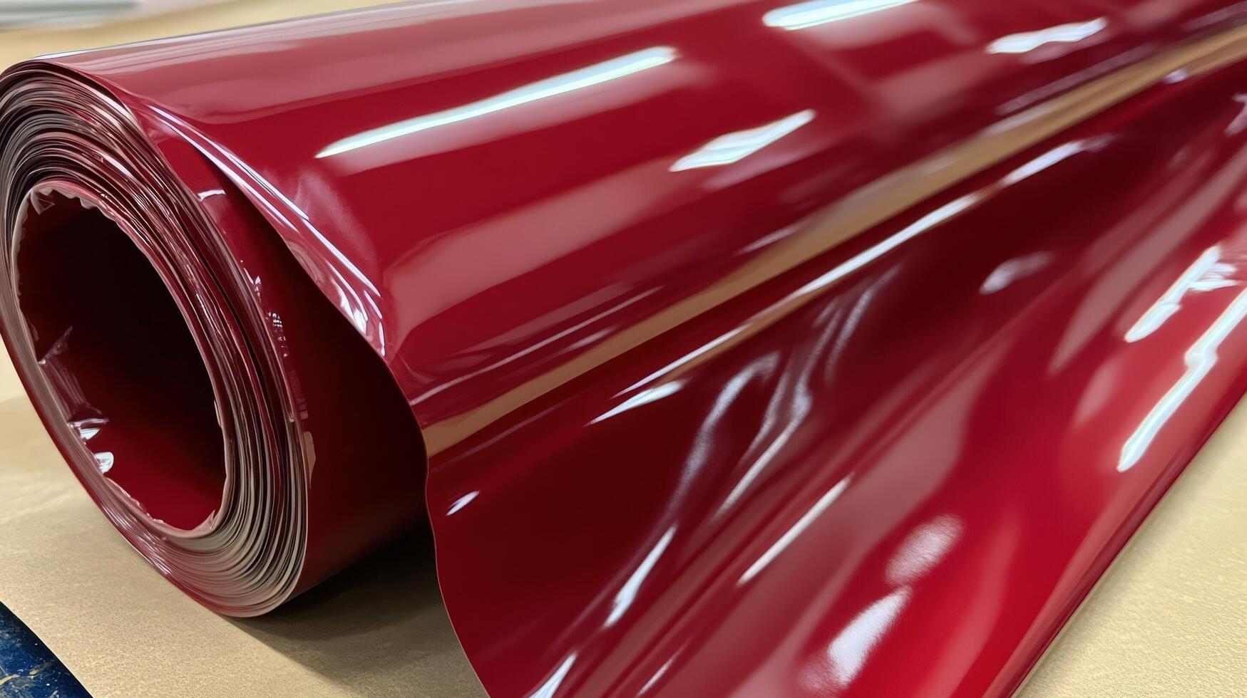 Rolled burgundy vinyl sheet material showing glossy surface photo