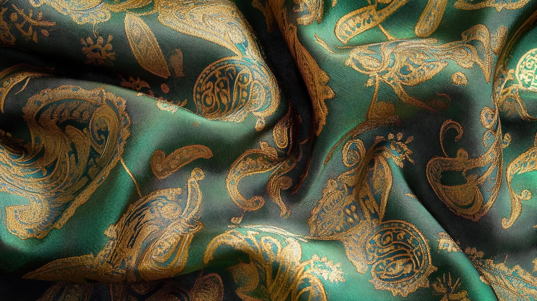 A close up of a green and gold paisley fabric photo