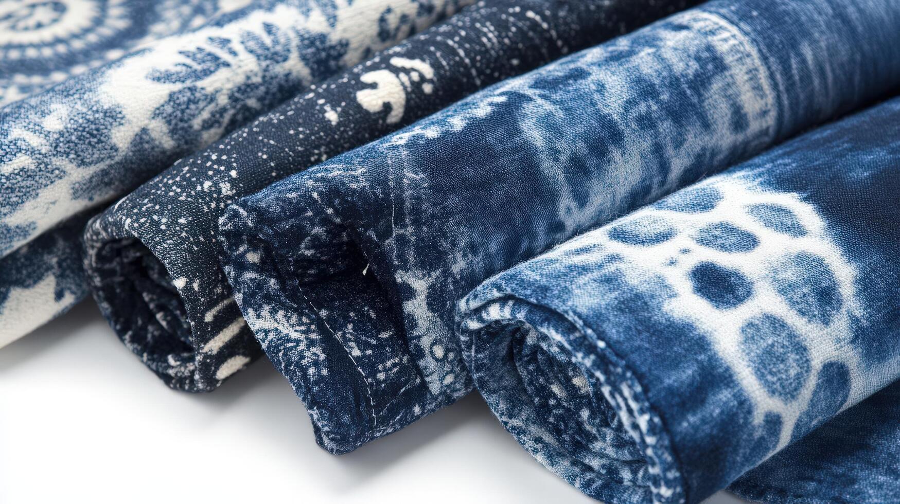 Rolled bolts of blue denim fabric with unique patterns photo