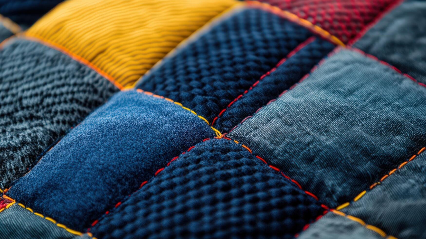 Closeup view of a colorful patchwork quilt photo