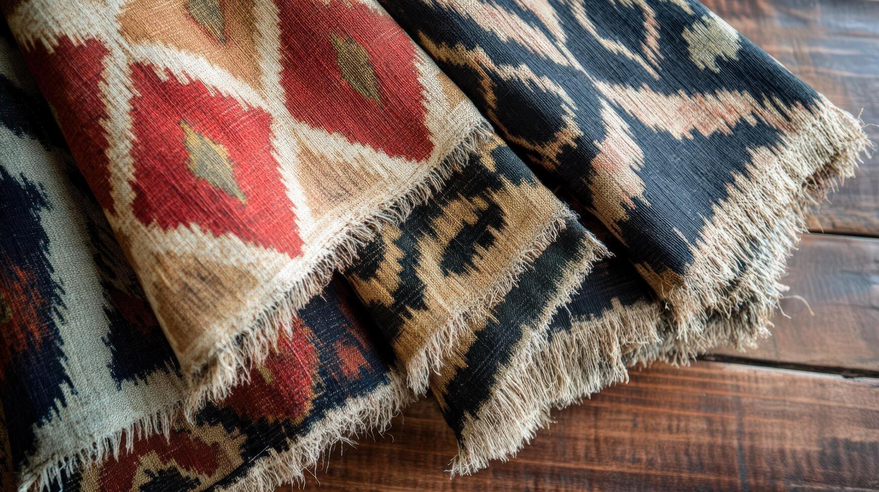 Colorful Ikat Fabric Samples Displayed on Wood photo