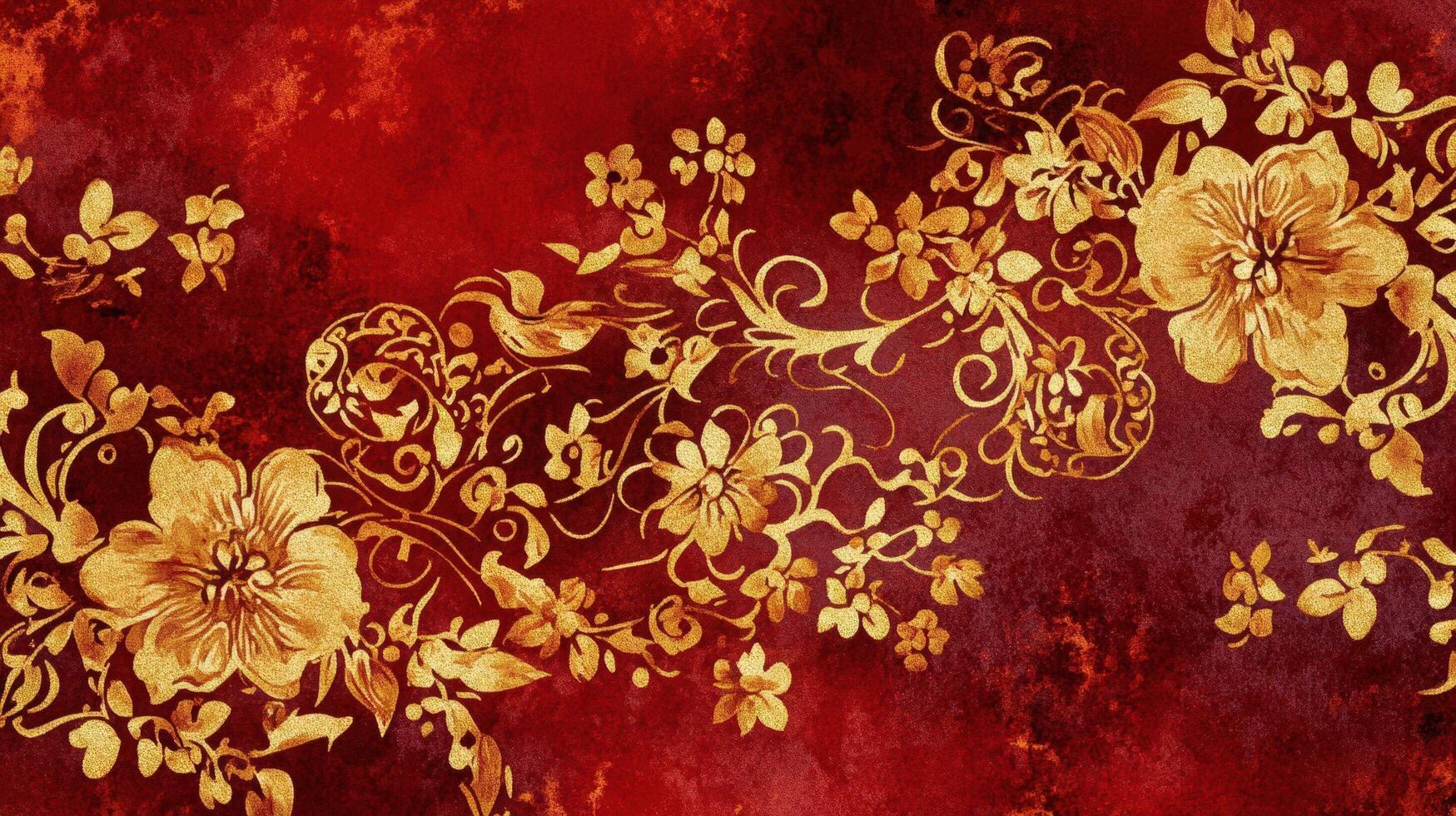 Gold Floral Design on Red Textured Background photo