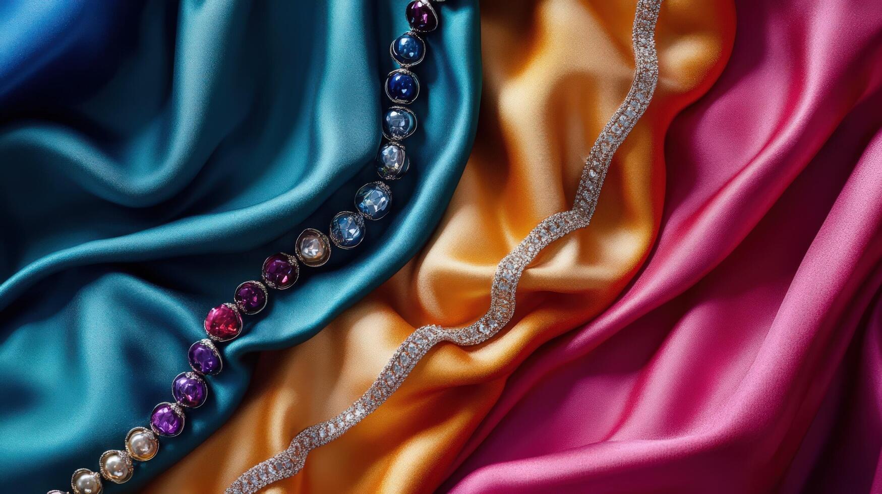 Colorful Silk Fabric With Gemstone Jewelry photo