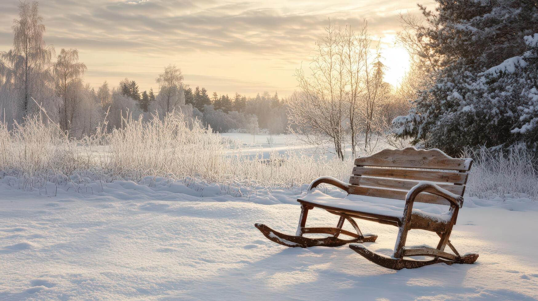 Winter Sunset Scene With Snowy Rocking Bench photo