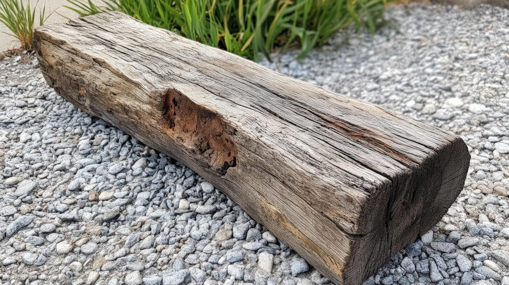 Weathered Wooden Log Resting on Pebbles Near Grass photo