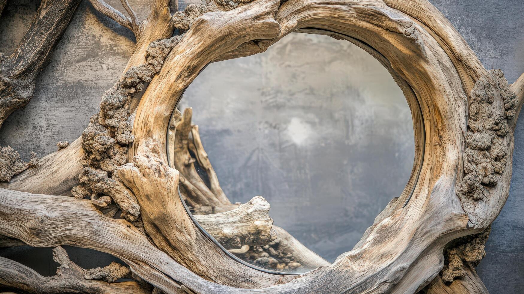 Intricate Driftwood Frame Encircles Oval Mirror Reflection photo