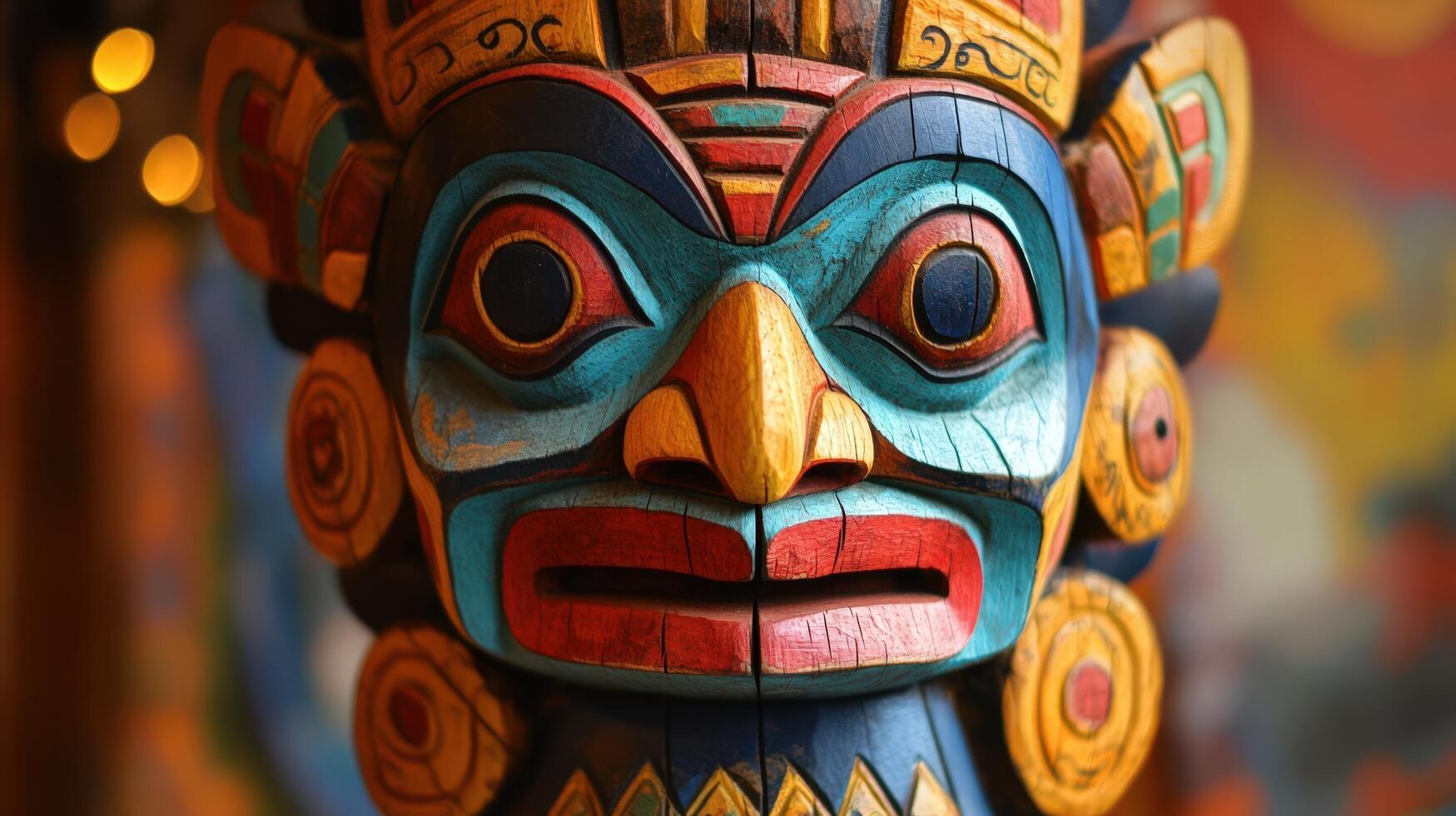 Colorful Wooden Totem Mask Detailed Carving photo