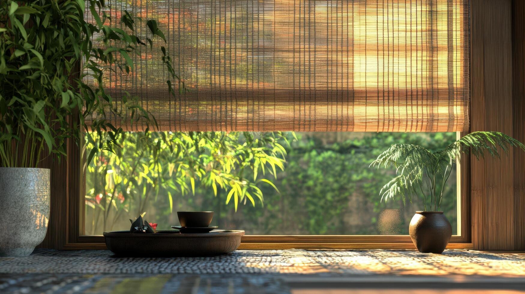 Serene Window Scene With Tea Set And Plants photo