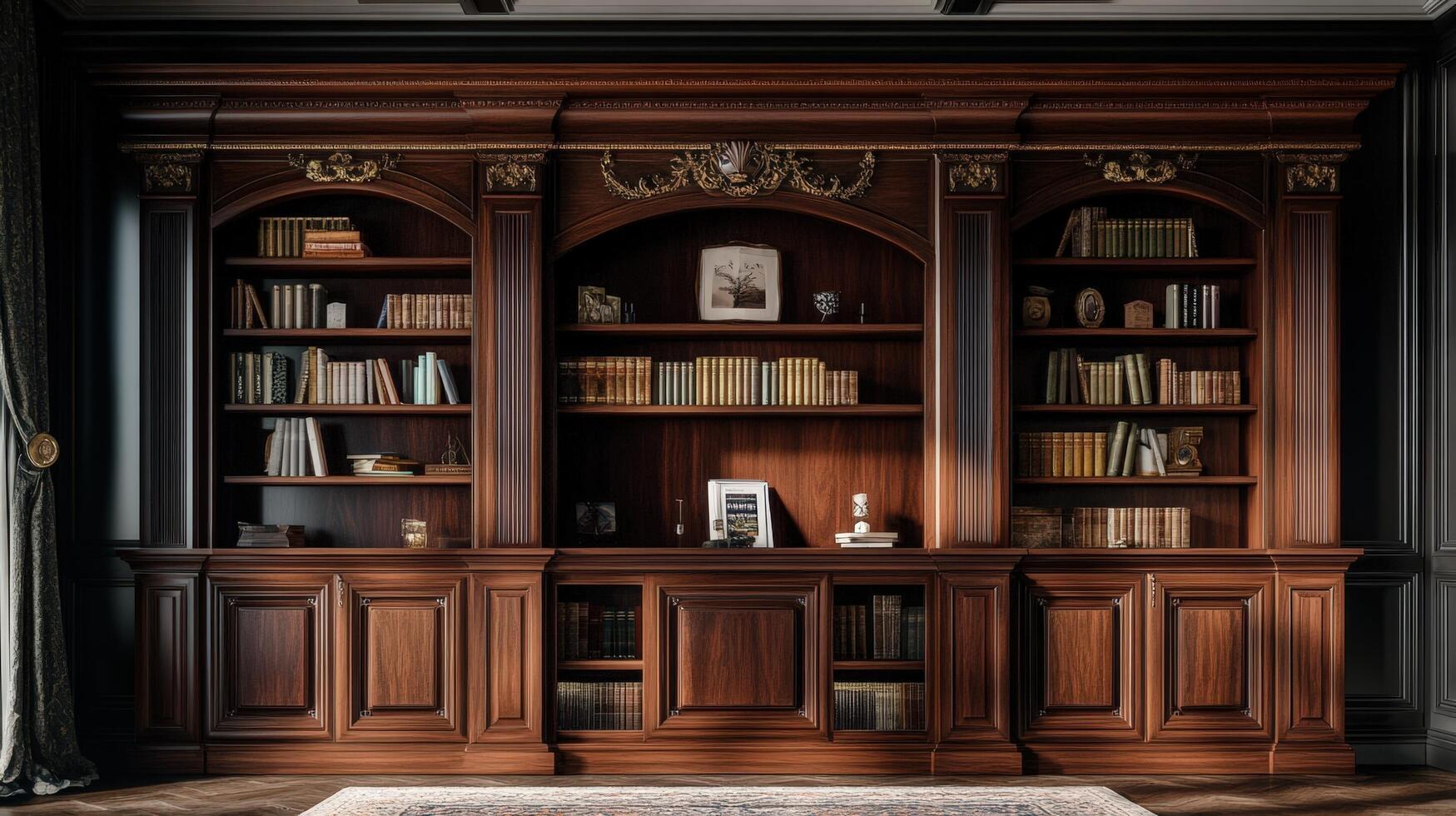Elegant Dark Wood Bookcase With Ornate Details photo