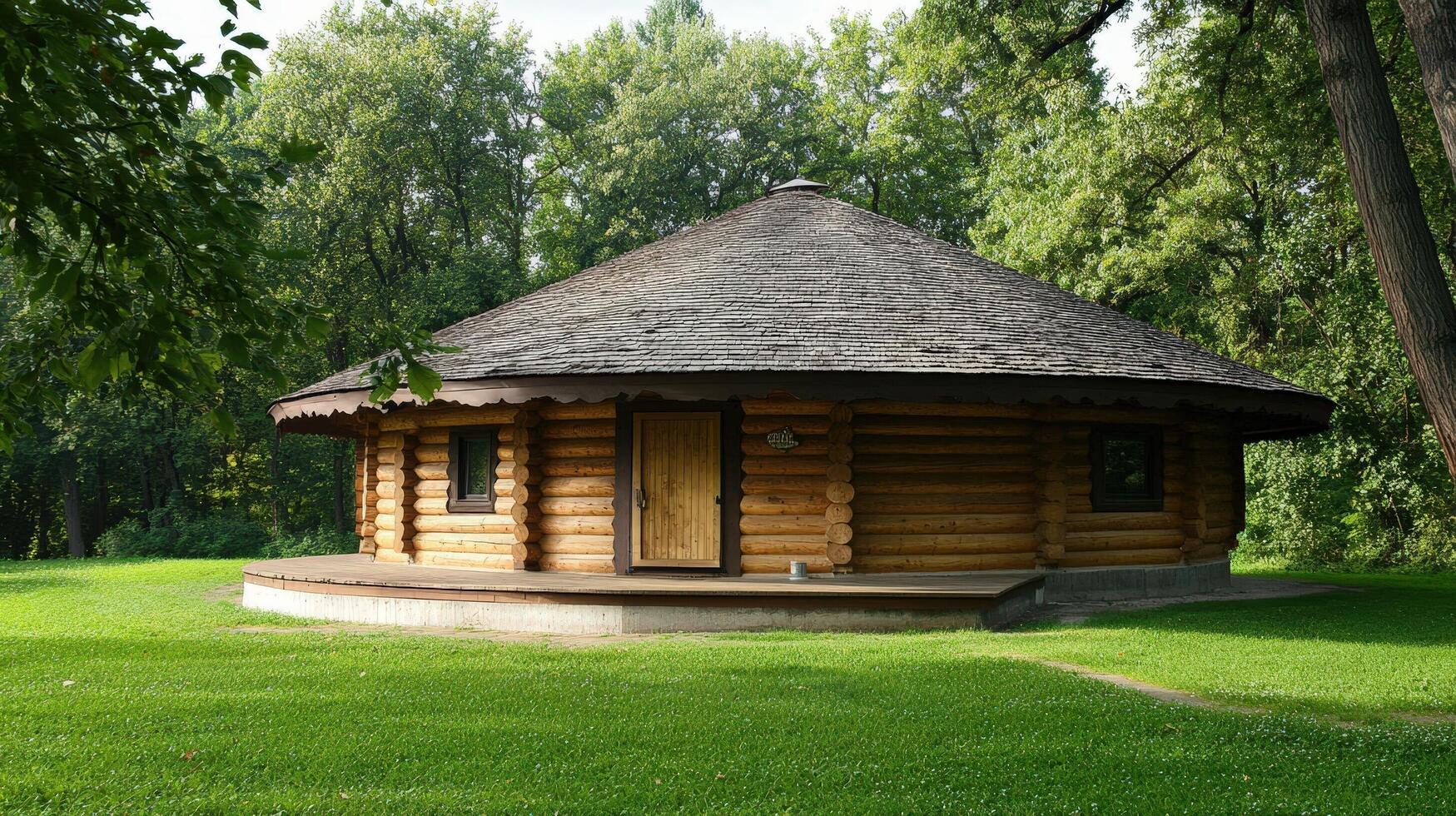 Round Wooden Cabin Nestled in a Lush Green Forest photo