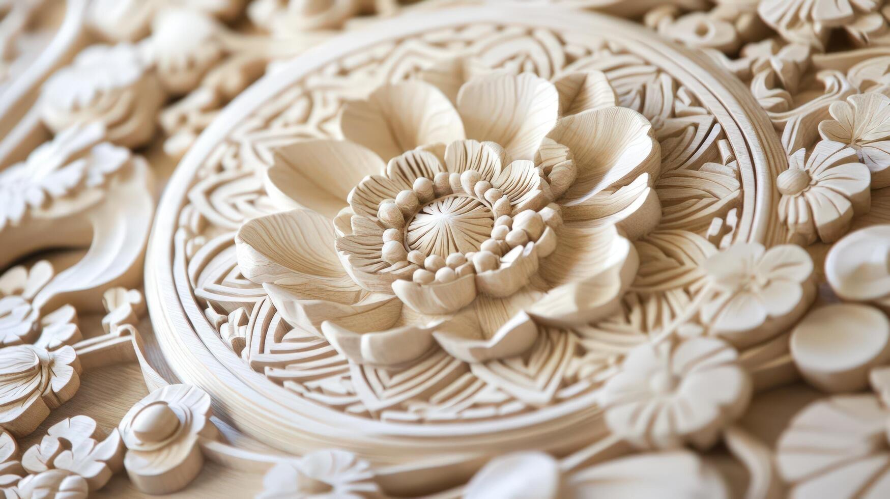 Intricate Wooden Floral Carving Detailed Relief Design photo
