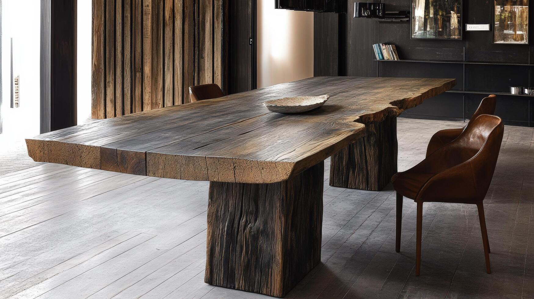 Rustic Wooden Dining Table With Leather Chairs photo