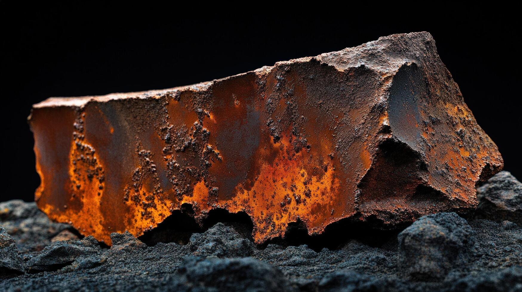 Rusty Metal Fragment Rests On Dark Volcanic Rock photo