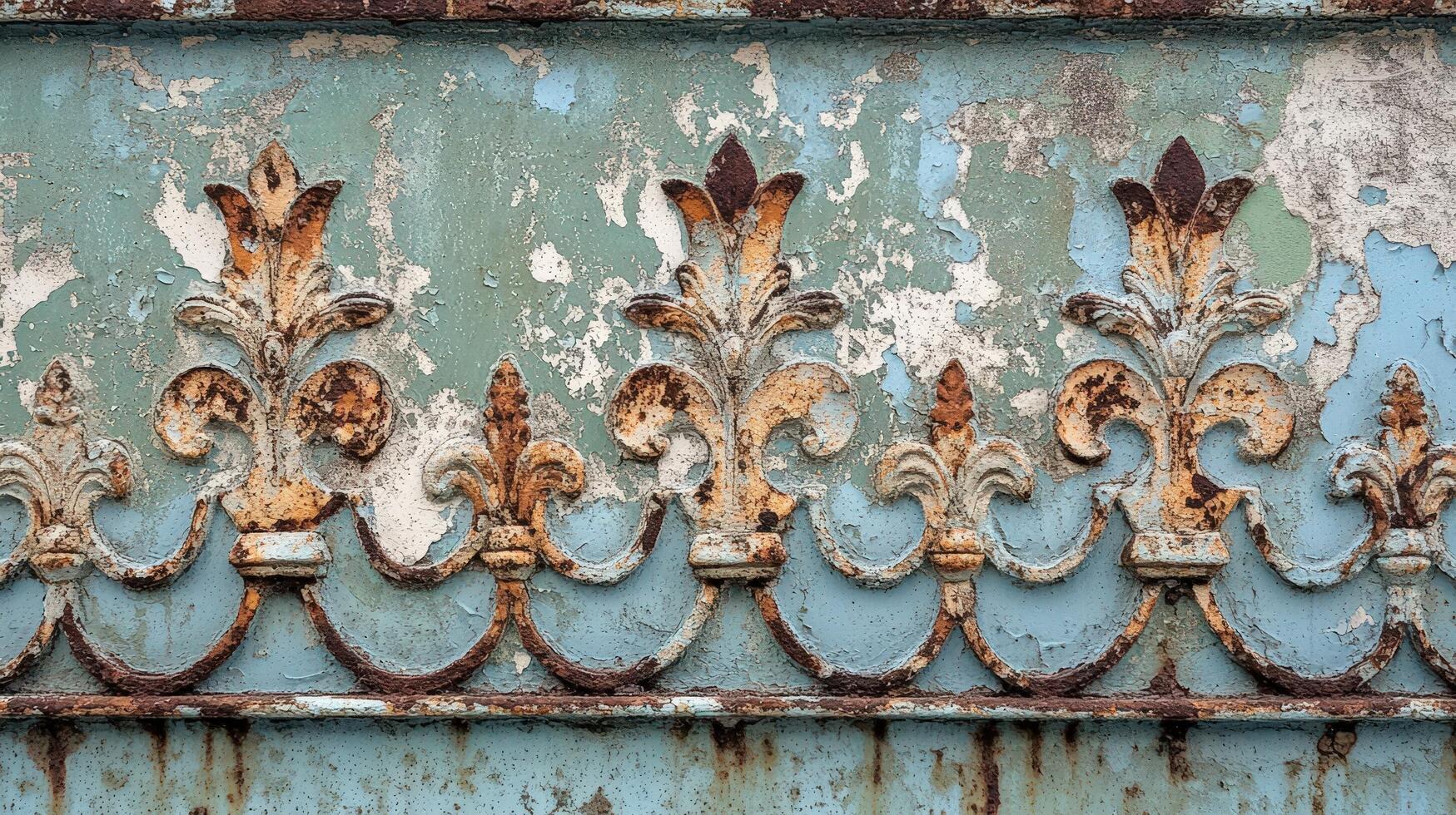 Rusty Ornate Metalwork On Weathered Blue Surface photo