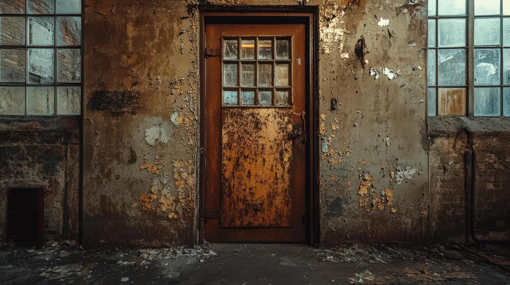 Rusty Door In An Abandoned Building With Peeling Paint photo