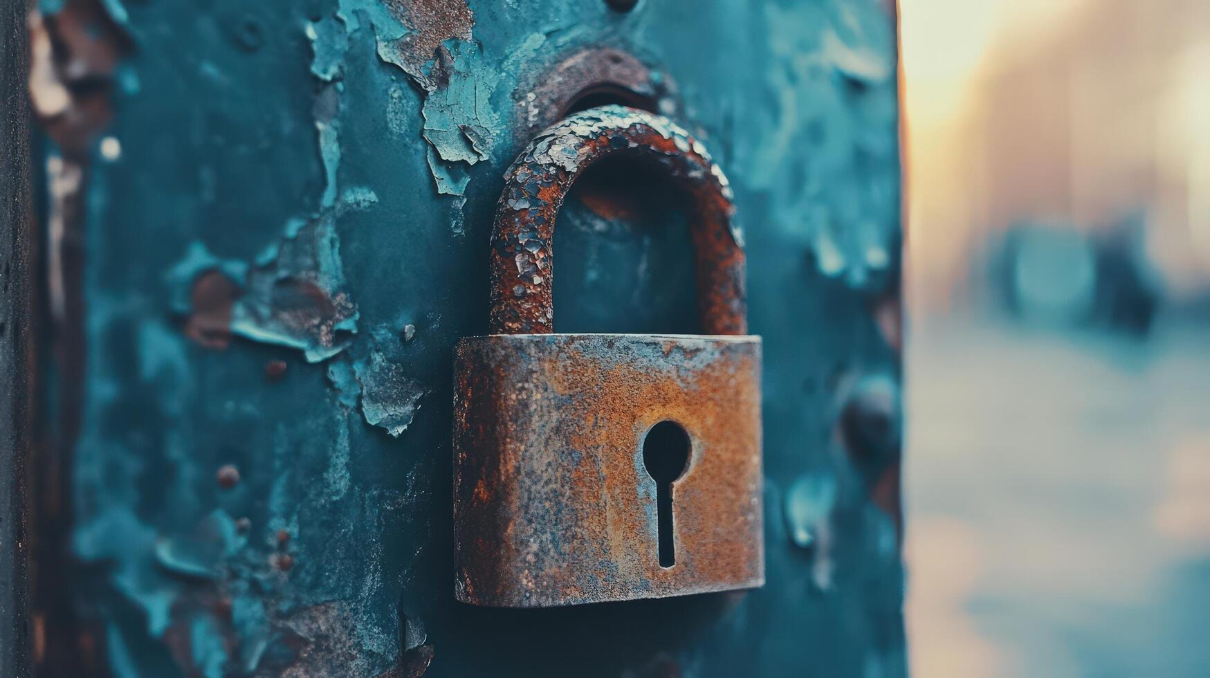 Rusty padlock on a weathered teal door photo