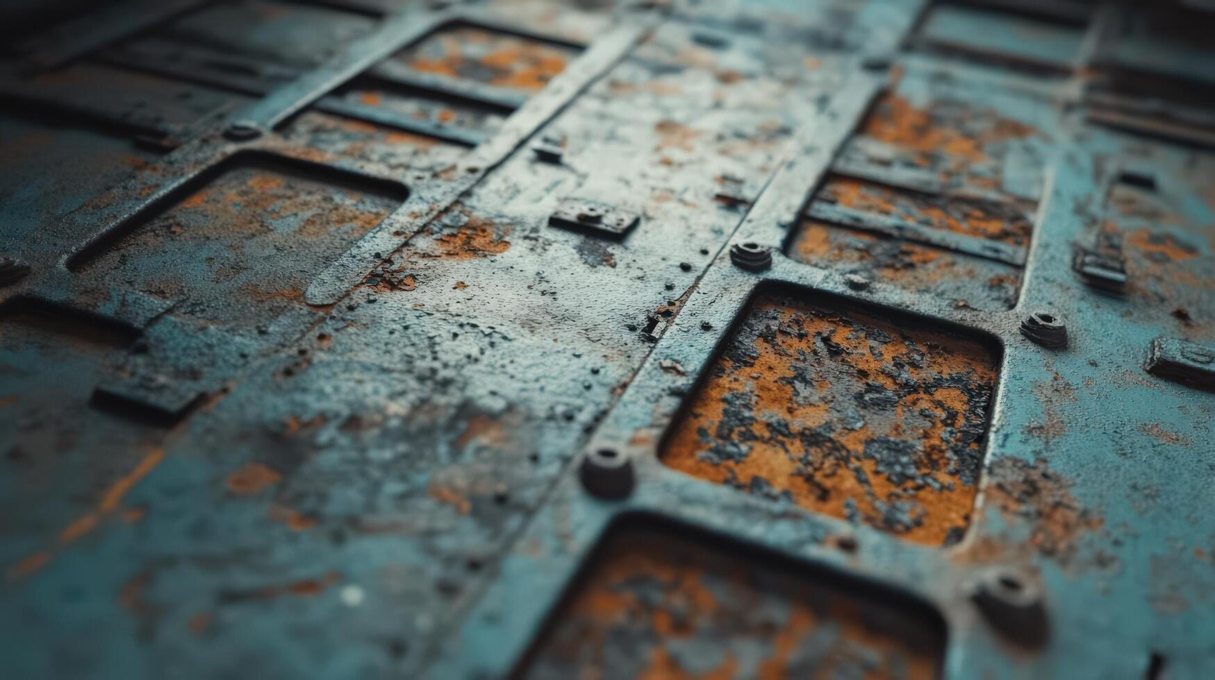 Rusty metallic surface showing textured panels and bolts photo