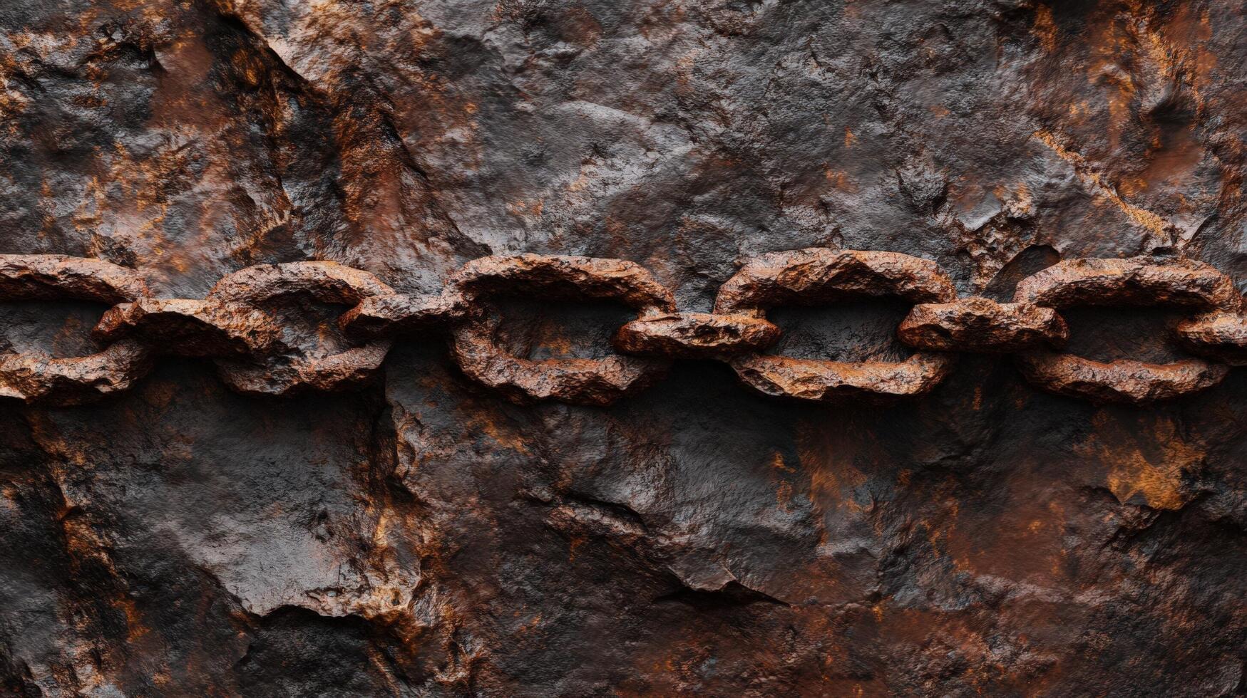 Rusty chain rests on a rough textured rock surface photo