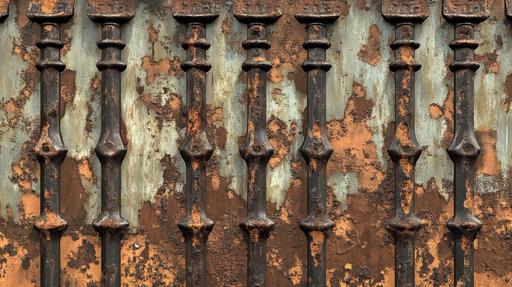 Rusted Metal Fence Panels With Ornate Vertical Posts photo