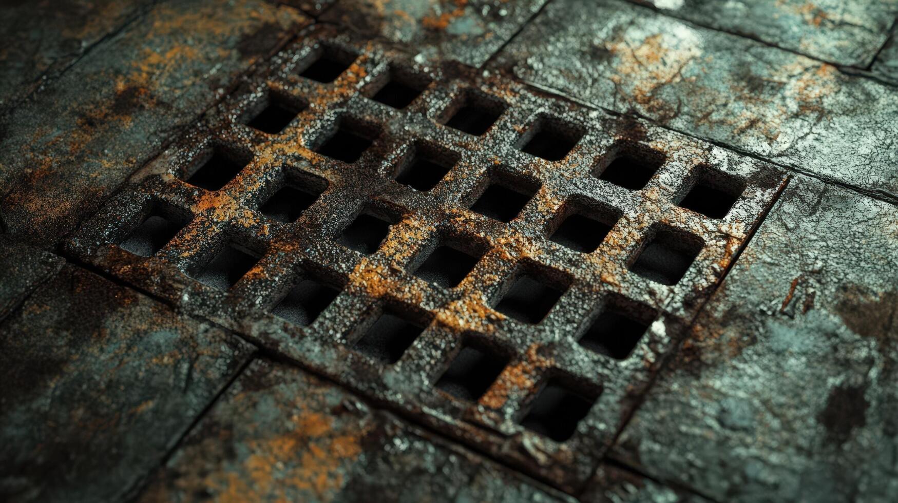 Rusty Metal Grate Embedded In Aged Stone Pavement photo