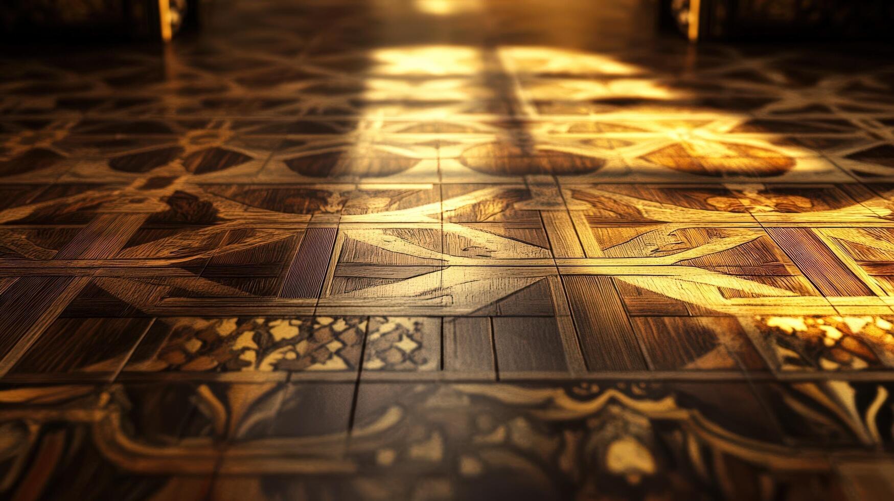 Intricate Wooden Floor Pattern Illuminated By Sunlight photo