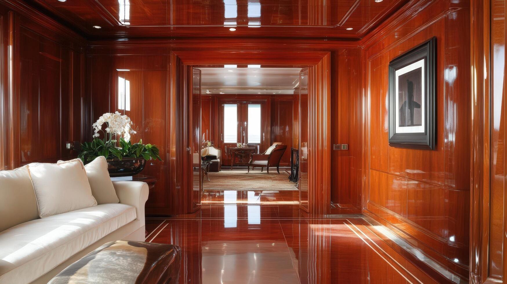 Luxurious Mahogany Hallway Leading To Elegant Sitting Room photo