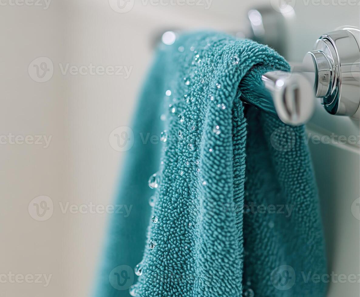 A towel hanging on a bathroom wall photo
