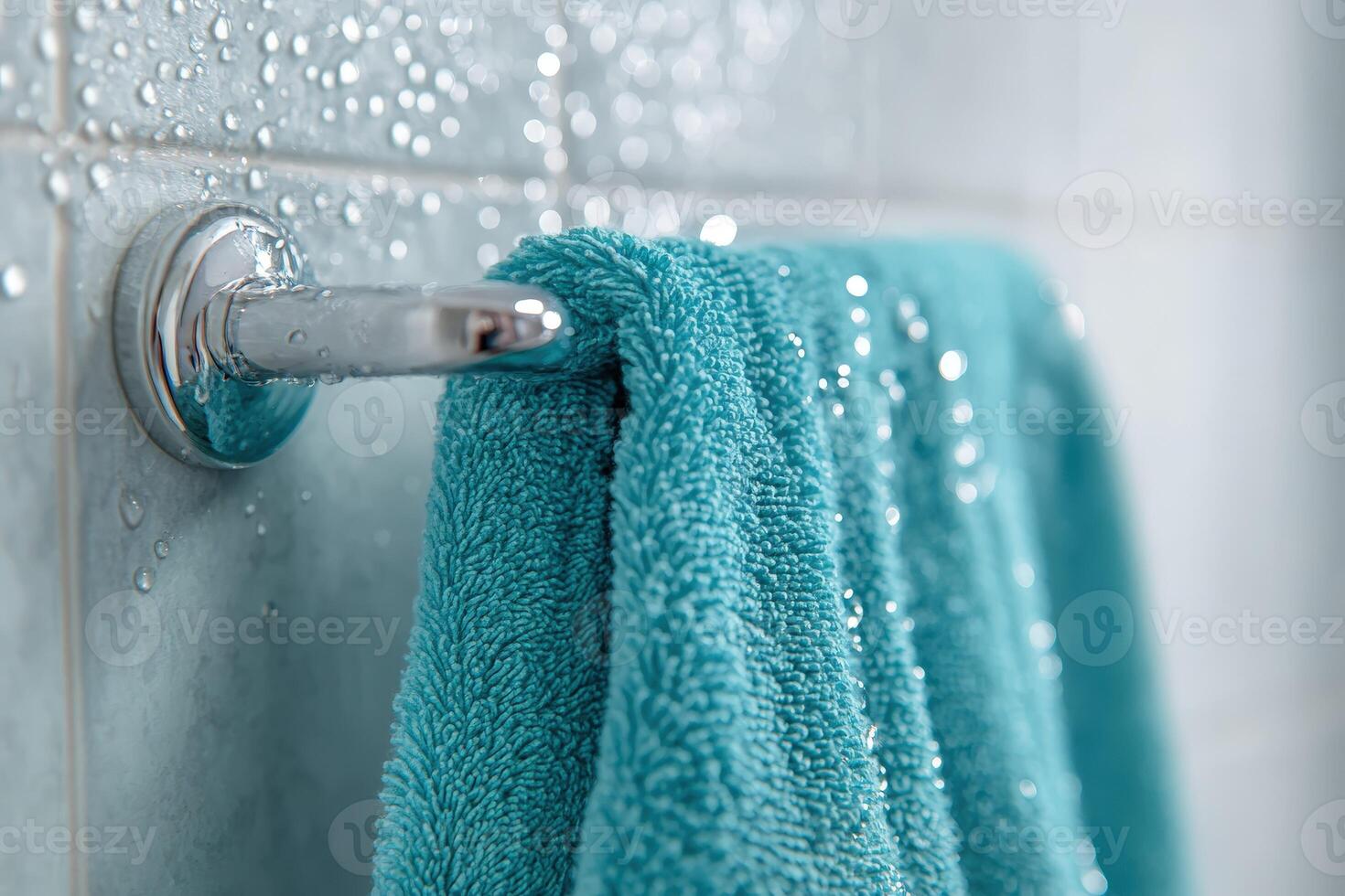 A towel hanging on a towel rack with water droplets on it photo