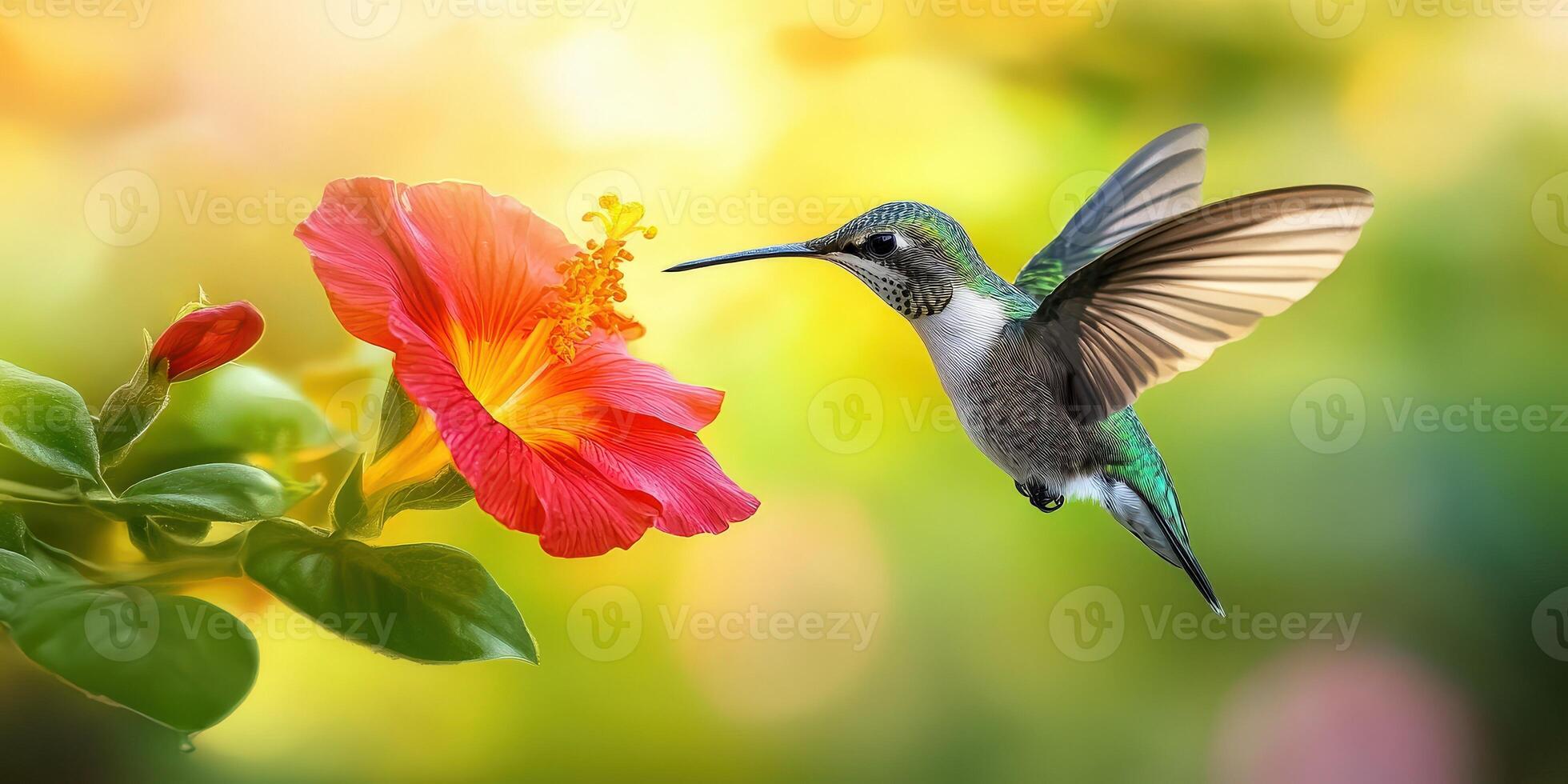 Hummingbird feeding on a vibrant hibiscus flower in sunlight photo
