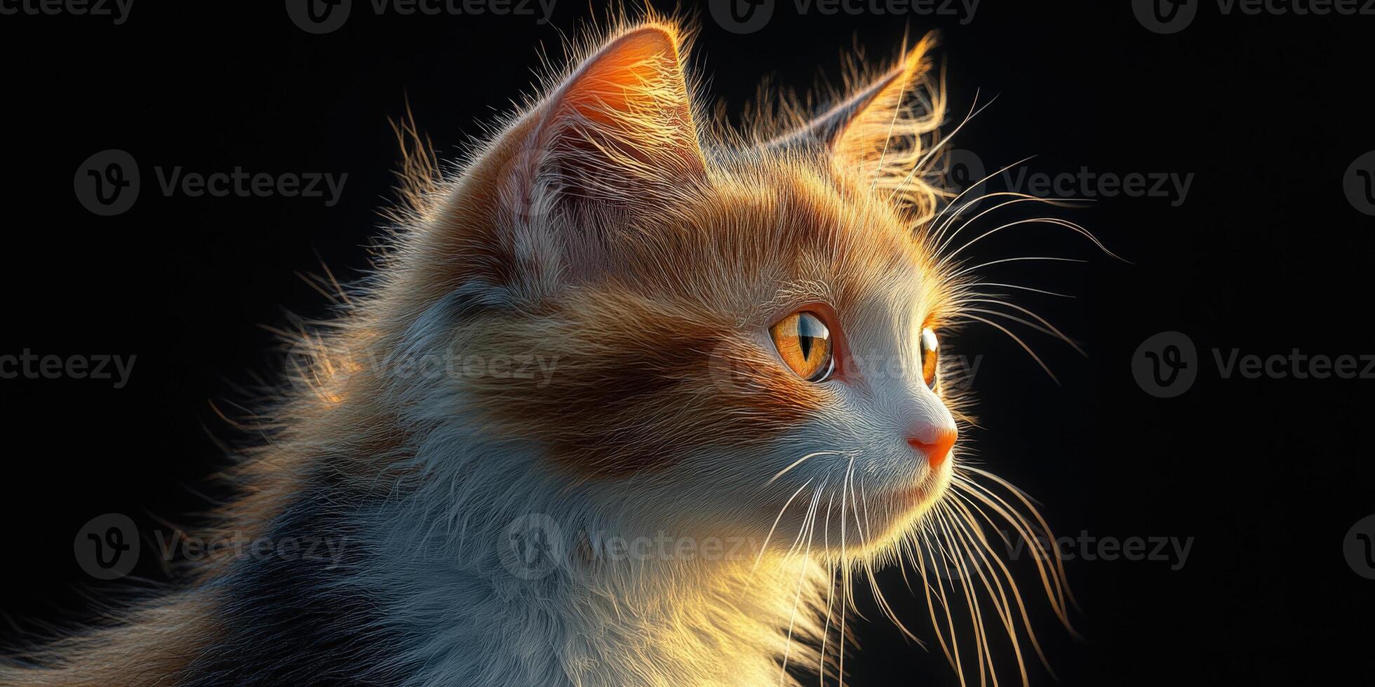 Cute calico kitten with bright eyes gazing in soft light photo