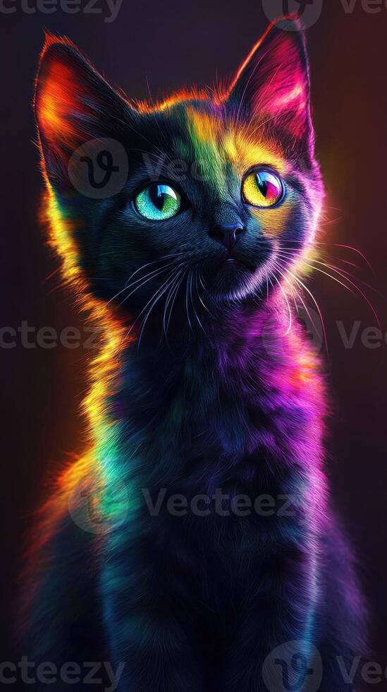 Colorful cat portrait with vibrant light effects at night photo