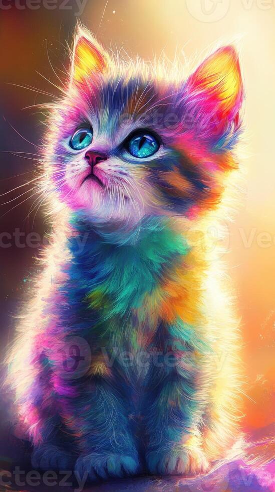 Colorful kitten gazing curiously in a vibrant background photo