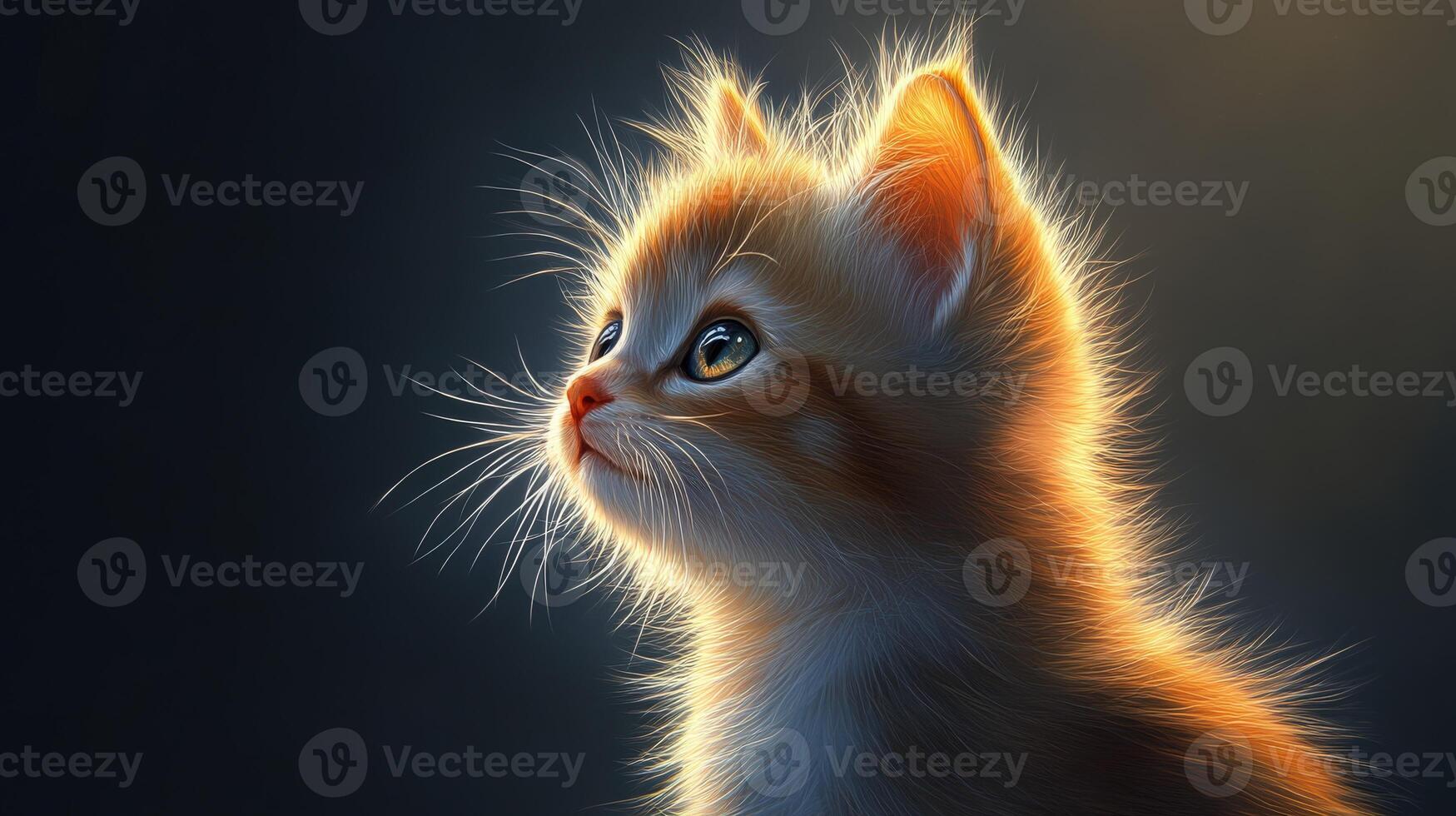 Curious kitten gazes thoughtfully in warm, glowing light photo