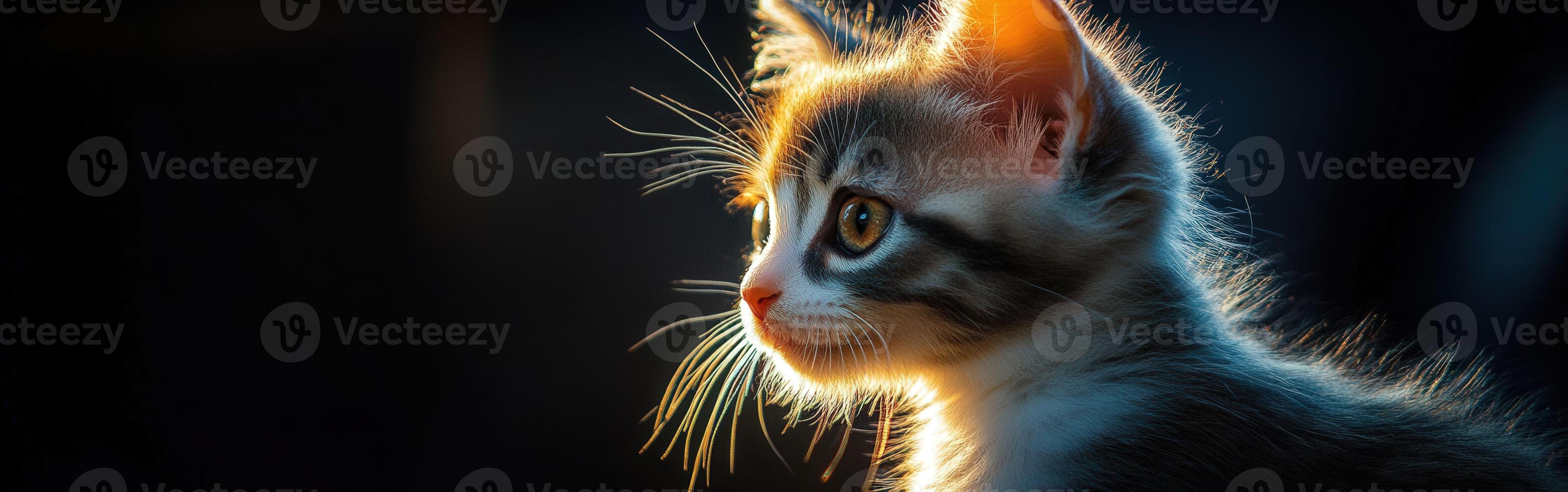 Cute kitten with bright eyes in soft lighting at dusk photo