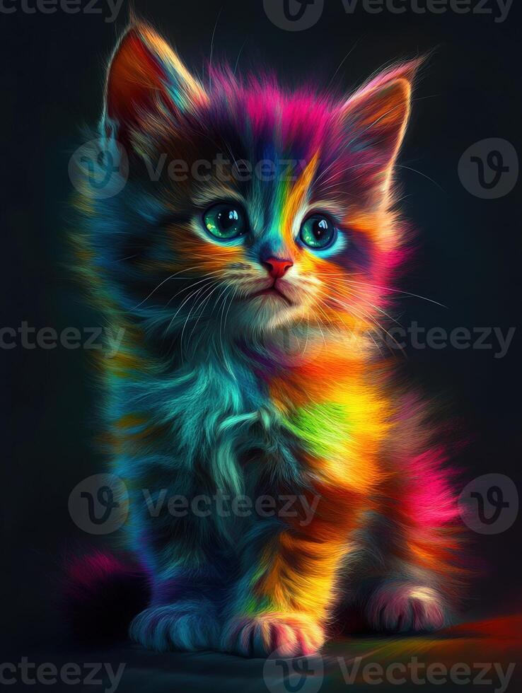 Colorful kitten with bright fur standing against a dark background photo