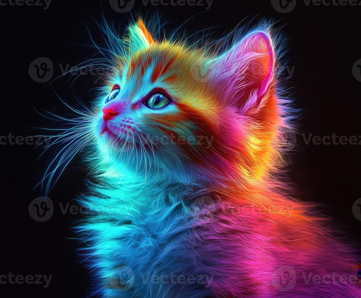 Brightly colored fluffy kitten with glowing fur in dark background photo