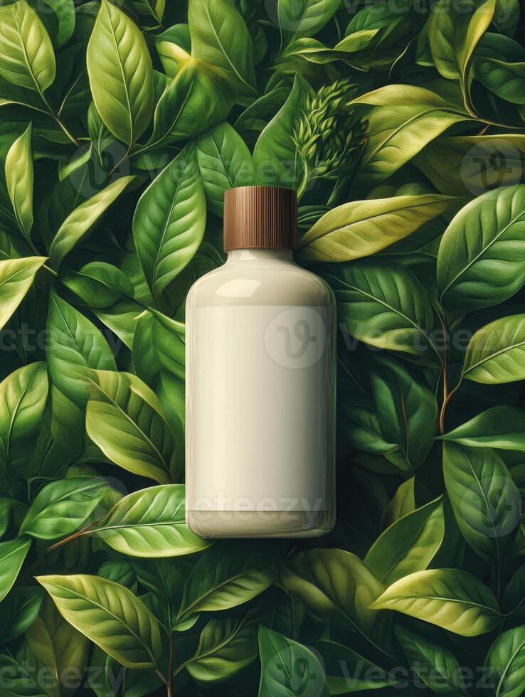 A bottle of lotion is surrounded by green leaves photo