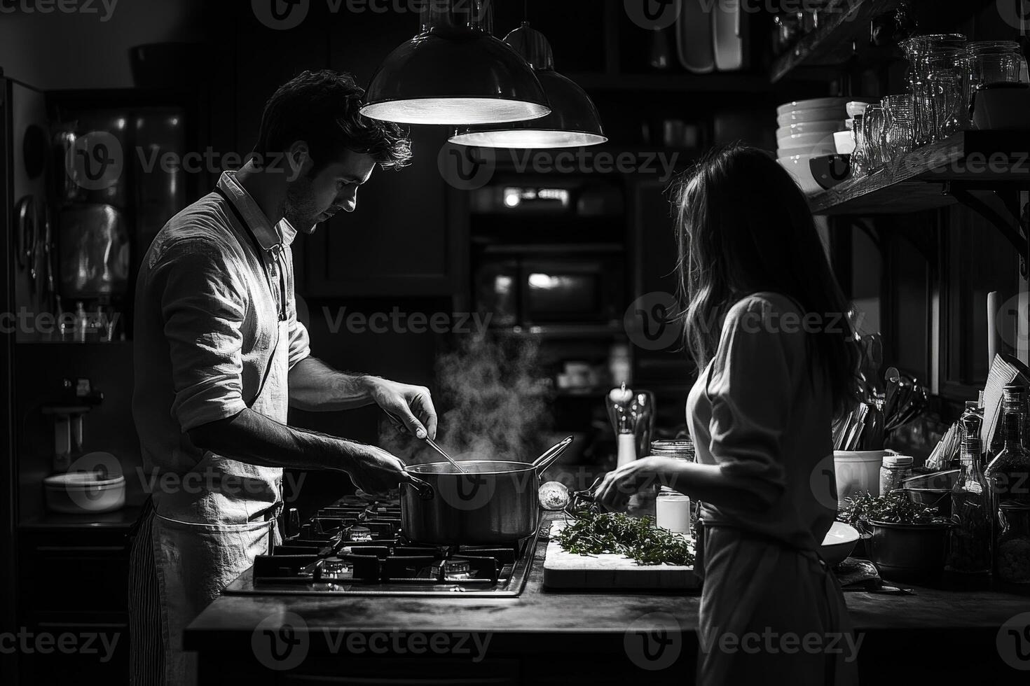 Cooking together in a cozy kitchen at night photo