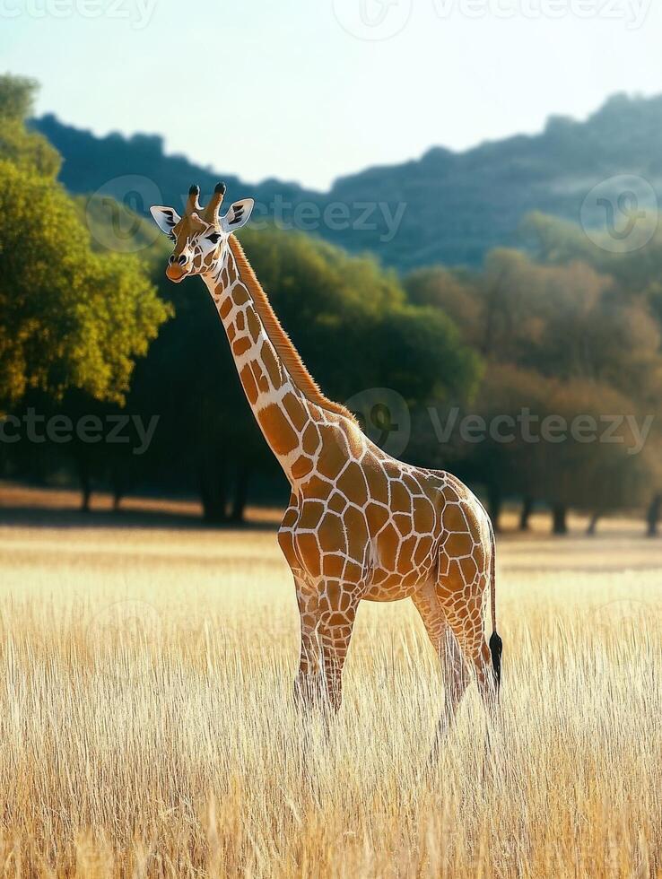 A giraffe standing in a field of tall grass photo