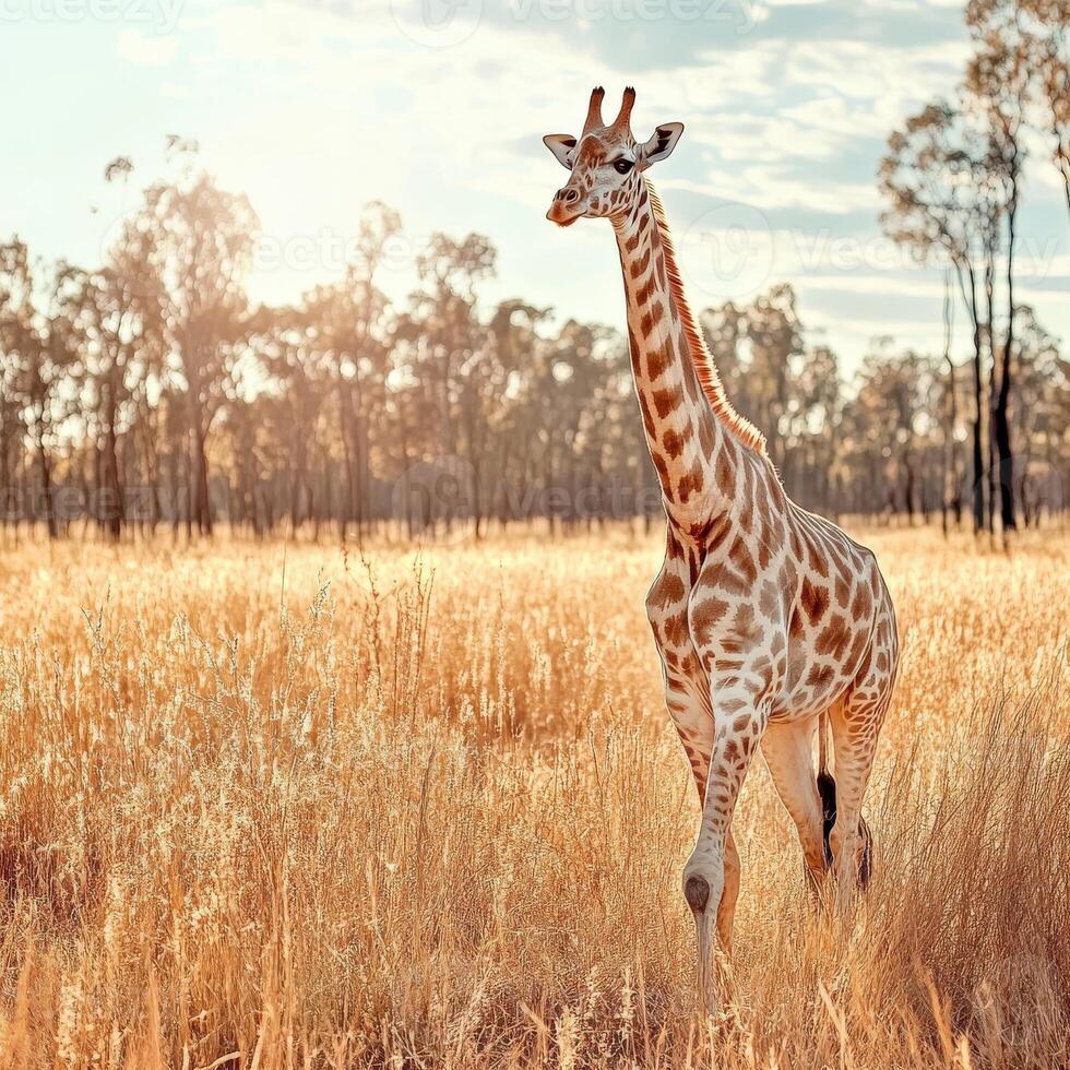 A giraffe standing in a field of tall grass photo