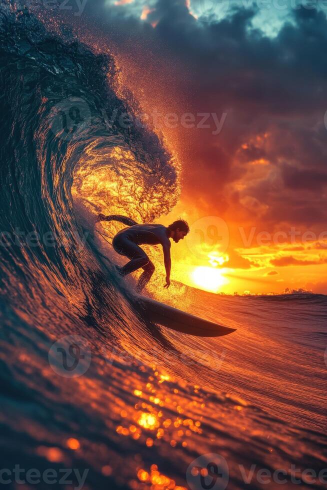 Surfer rides stunning wave at sunset on a beautiful beach photo