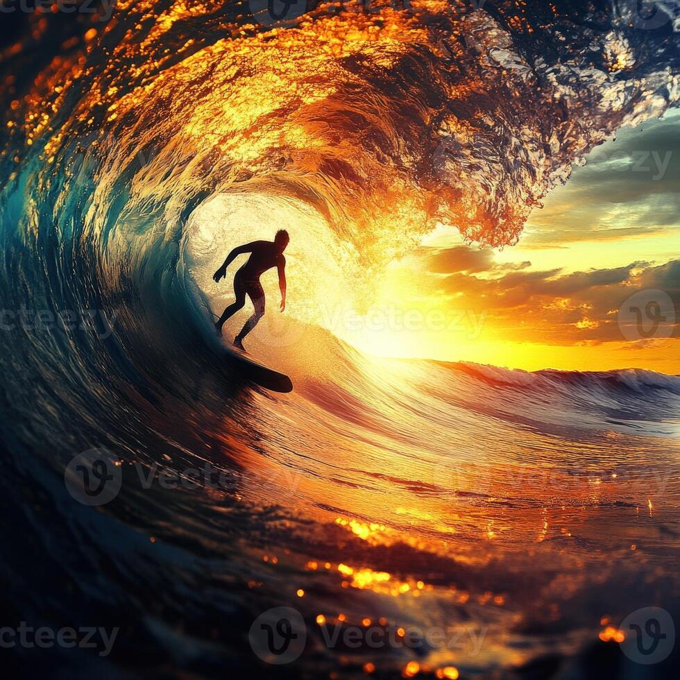 Surfer rides massive wave at sunset on ocean horizon photo