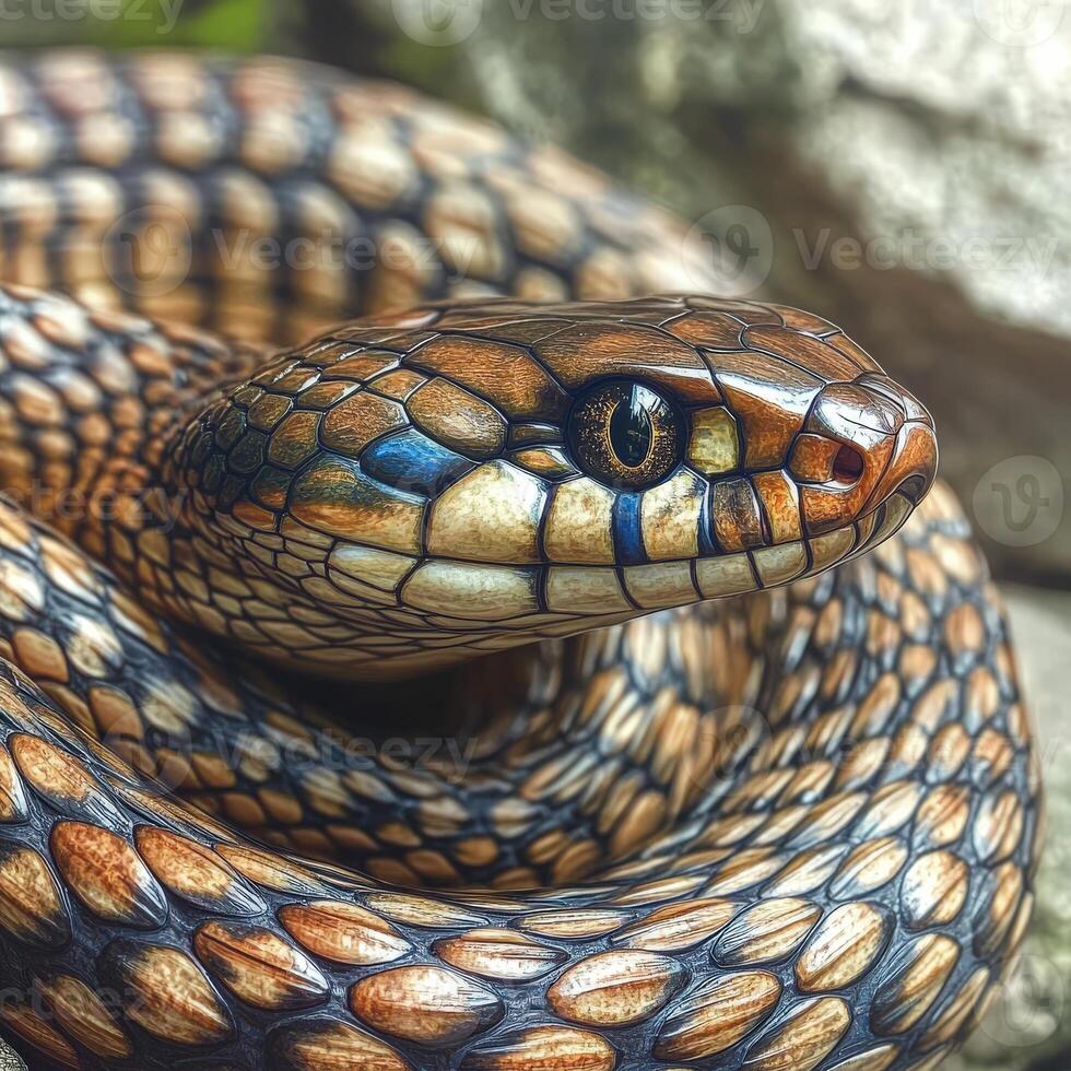 Colorful snake resting on rocks in natural habitat photo