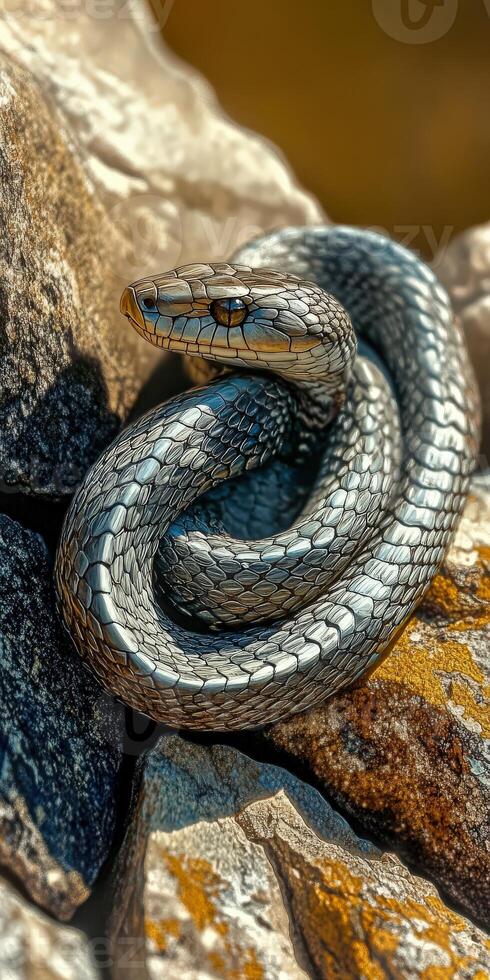 Silver snake resting on textured rocks during daylight hours photo