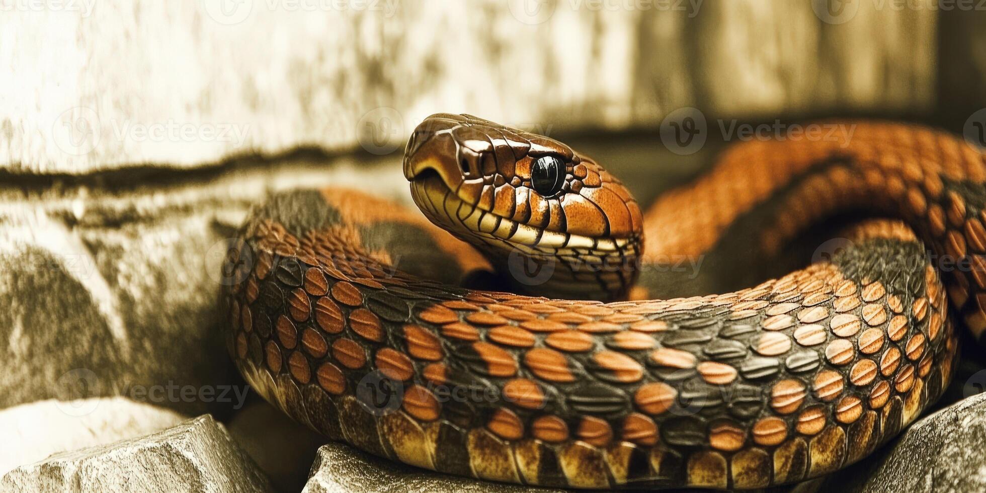 Beautiful snake resting on stones in a natural setting photo