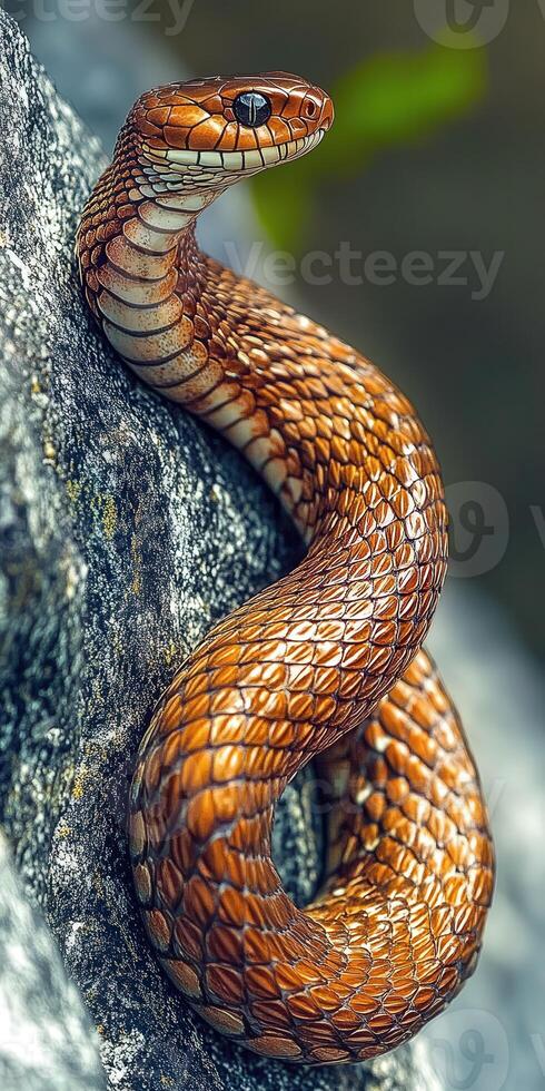 Brown snake basking on a rock in a natural setting photo