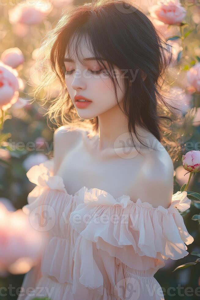Woman in soft dress surrounded by blooming roses at sunset photo